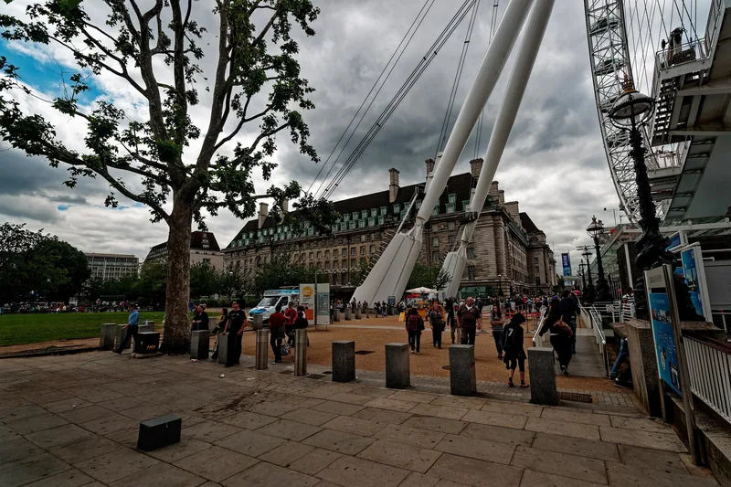Folk på plassen mellom London Eye og County Hall ved Jubilee Gardens en overskyet dag