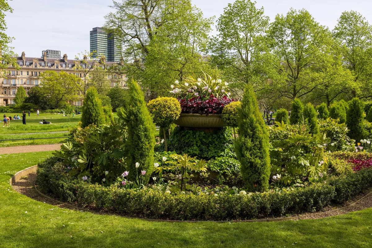 Blomsterbed med urne og sypresser i Avenue Gardens i Regent's Park en vårdag