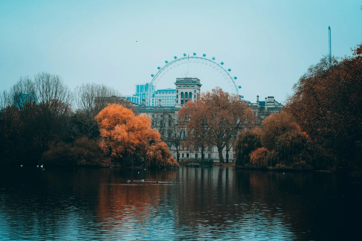 Parksjø omkranset av høstfargede trær, med London Eye bak bygningene i bakgrunnen