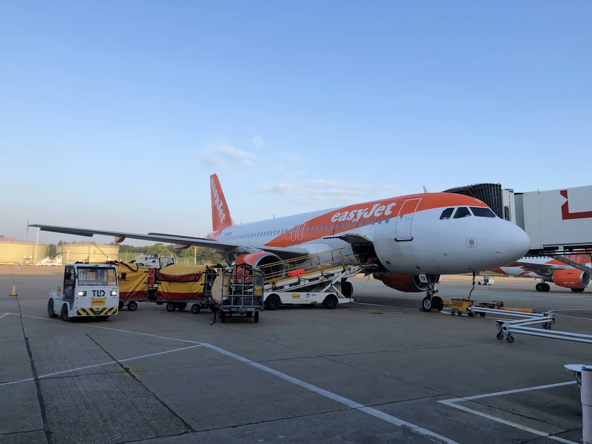 EasyJet-fly ved gaten på Gatwick mens bagasjen lastes, under klar blå himmel