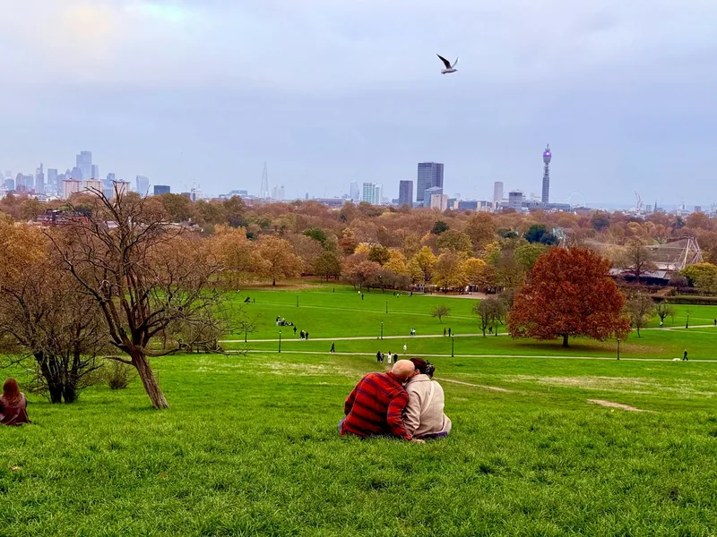 Utsikt fra Primrose Hill over høstfargede trær mot Londons skyline