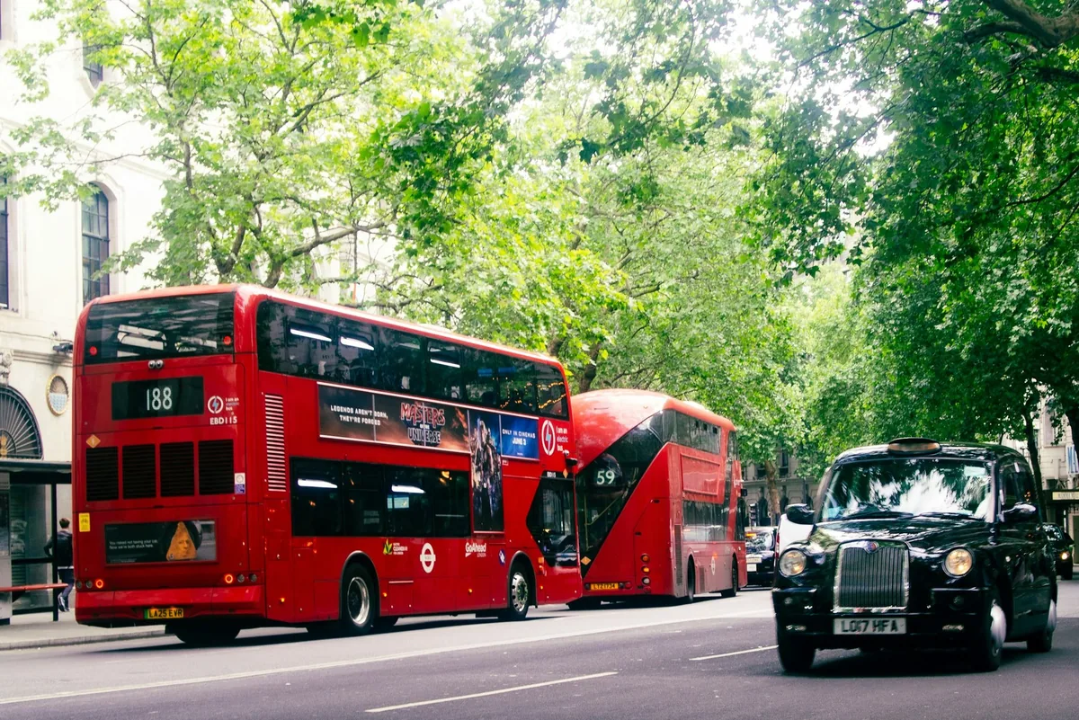 To røde dobbeltdekkerbusser og en svart London-taxi i en gate med store, grønne trær