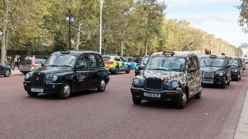 London-drosjer i kø langs den trebeplantede avenyen The Mall