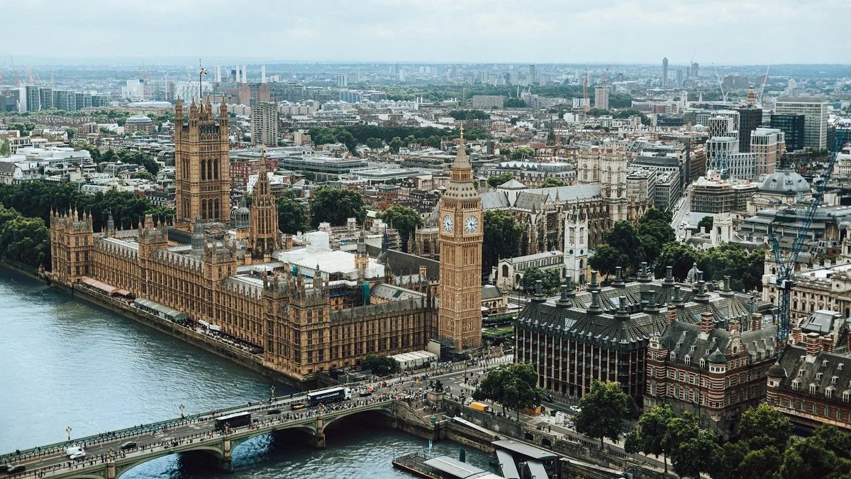Parlamentsbygningen og Big Ben ved Themsen sett ovenfra, med Westminster Bridge og byen bak