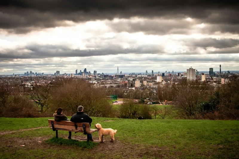 Par på en benk på Hampstead Heath med en hund ved siden av, og utsikt over Londons skyline under mørke skyer
