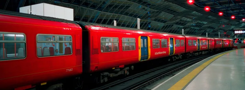 Rødt tog fra South Western Railway ved perrongen på Waterloo stasjon om kvelden