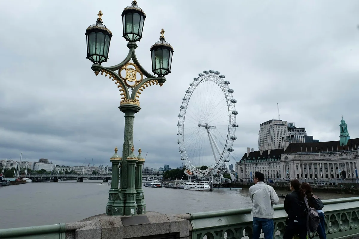 Gammel gatelykt på Westminster Bridge med London Eye og County Hall på andre siden av Themsen